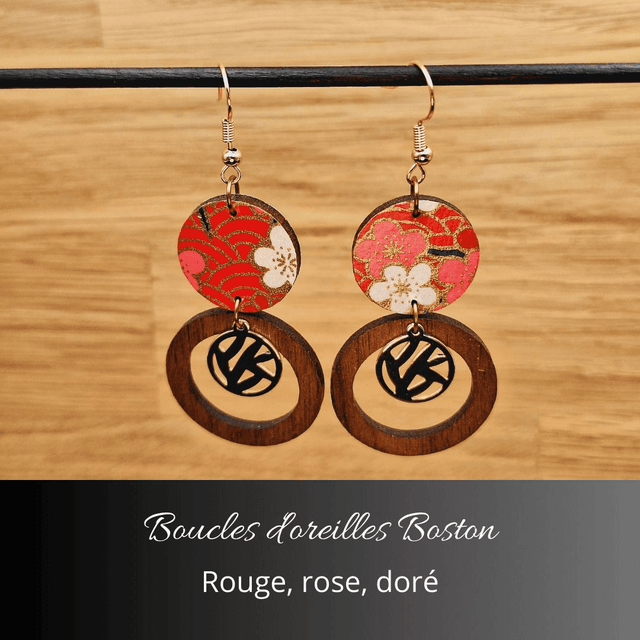 Boucles d'oreilles Boston - Rouge rose et or