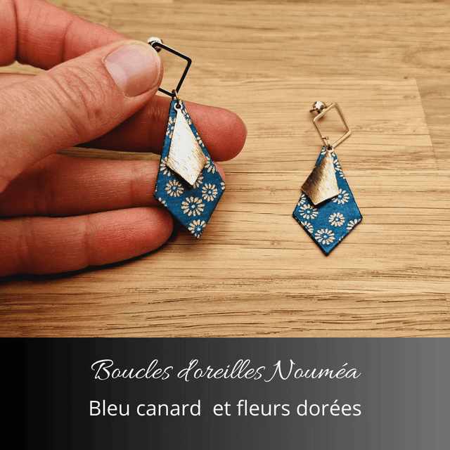 Boucles d'oreilles Nouméa - Bleu canard, fleurs dorées