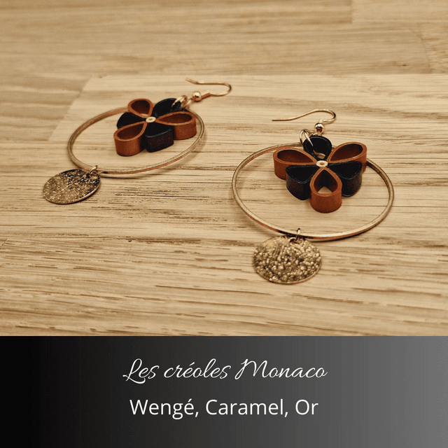 Boucles d'oreilles créoles Monaco - Wengé, caramel, or
