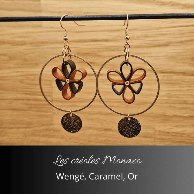 Boucles d'oreilles créoles Monaco - Wengé, caramel, or