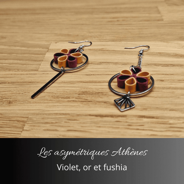 Boucles d'oreilles asymétriques Athènes - Violet or et fushia