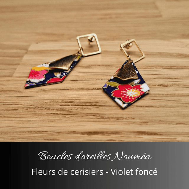 Boucles d'oreilles Nouméa - Violet foncé, fleurs de cerisiers
