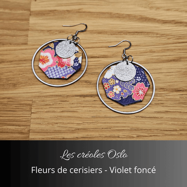 Boucles d'oreilles créoles Oslo - Violet foncé, fleurs de cerisiers