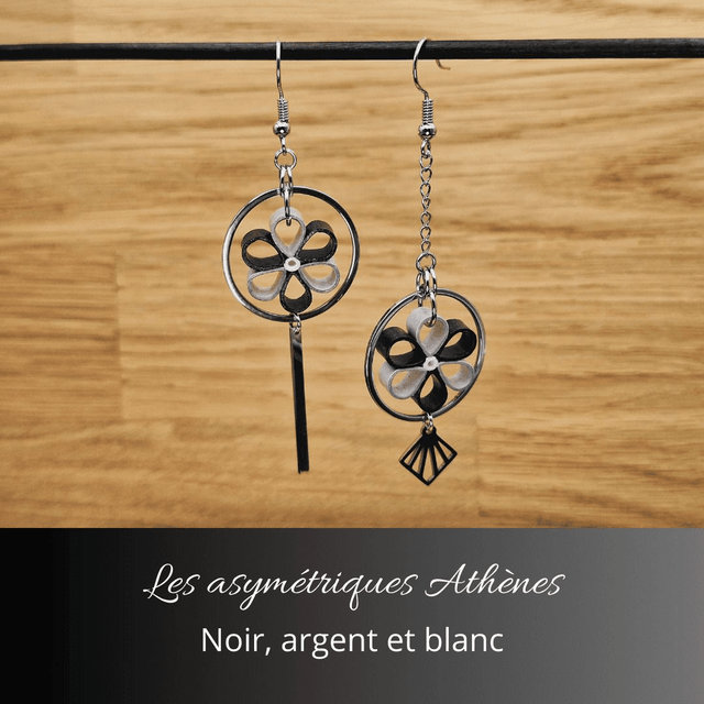 Boucles d'oreilles asymétriques Athènes - Noir argent et blanc