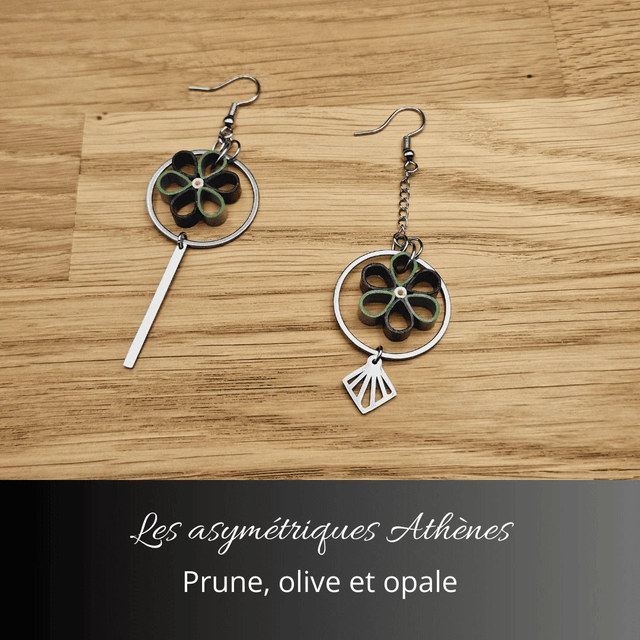 Boucles d'oreilles asymétriques Athènes - Prune olive et opale