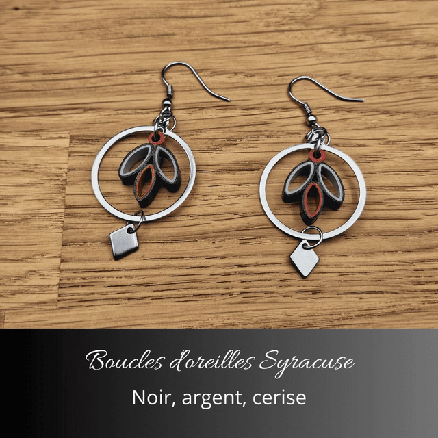 Boucles d'oreilles Syracuse - Noir, argent, cerise