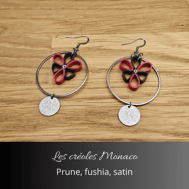 Boucles d'oreilles créoles Monaco - Prune, fushia, satin
