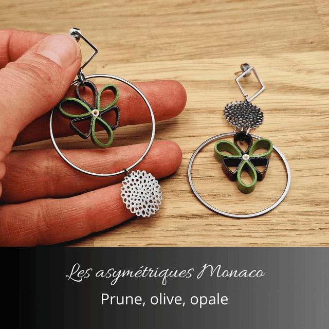 Boucles d'oreilles asymétriques Monaco - Prune olive et opale