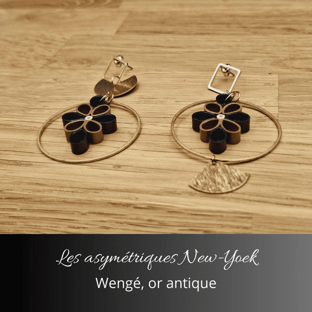 Boucles d'oreilles asymétriques New York - Wengé or antique