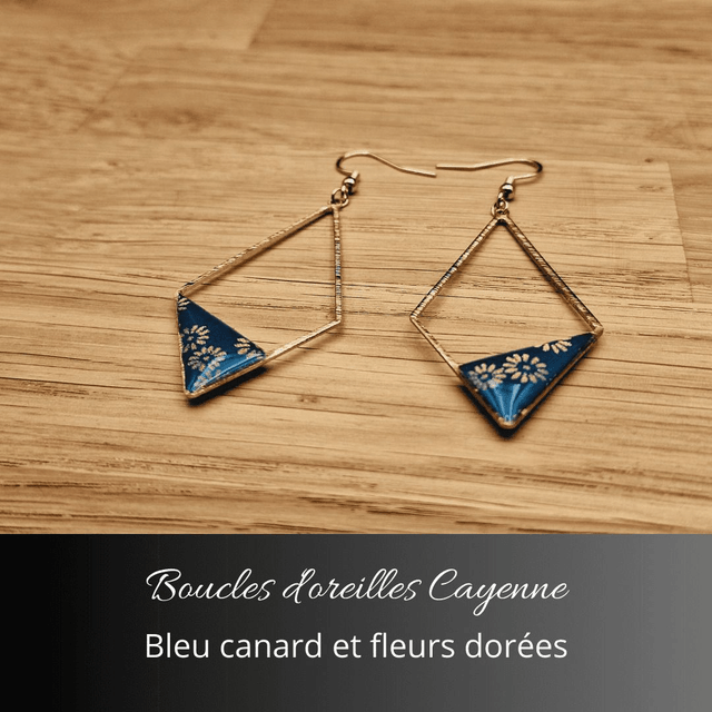 Boucles d'oreilles Cayenne - Bleu canard, fleurs dorées