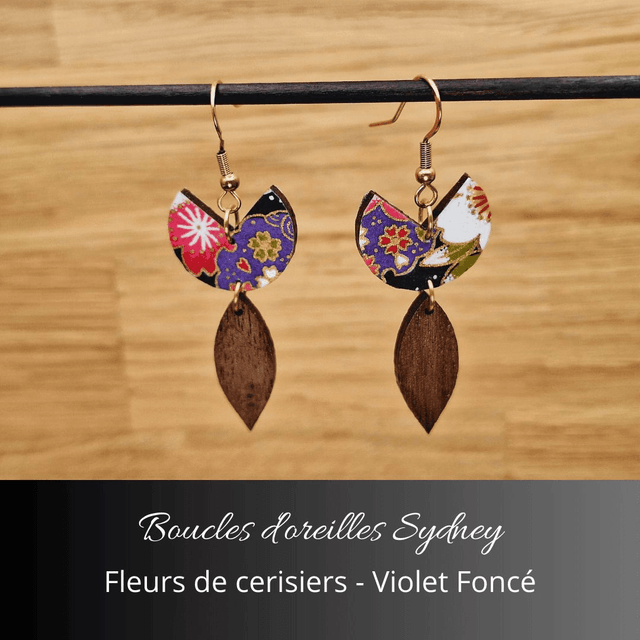Boucles d'oreilles Sydney - Violet foncé et fleurs de cerisiers