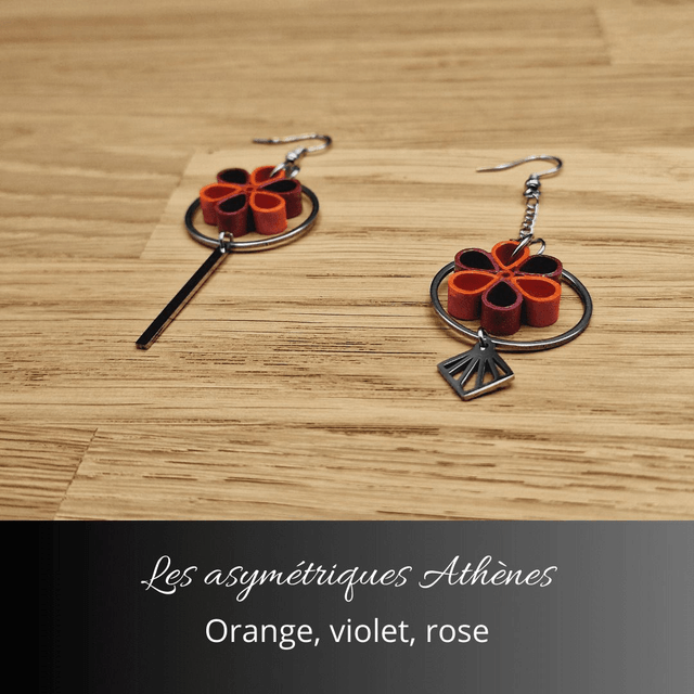 Boucles d'oreilles asymétriques Athènes - Orange violet et rose