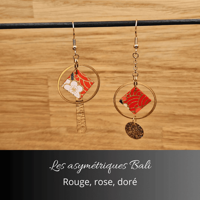 Boucles d'oreilles asymétriques Bali - Rouge, rose, doré