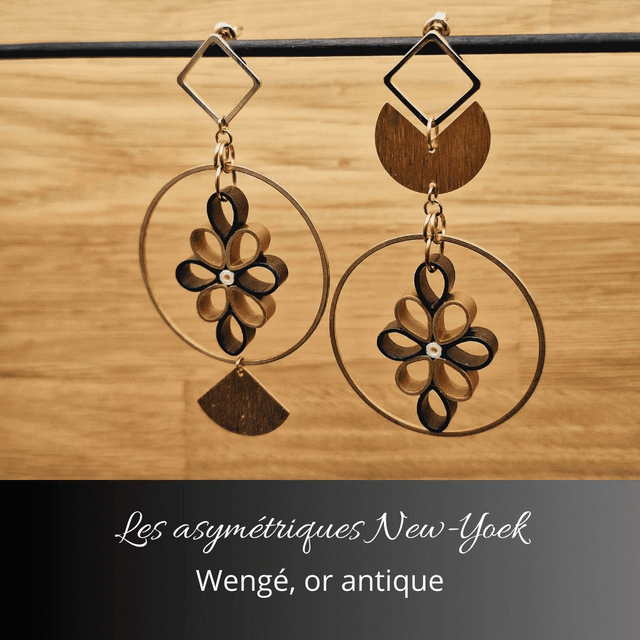 Boucles d'oreilles asymétriques New York - Wengé or antique
