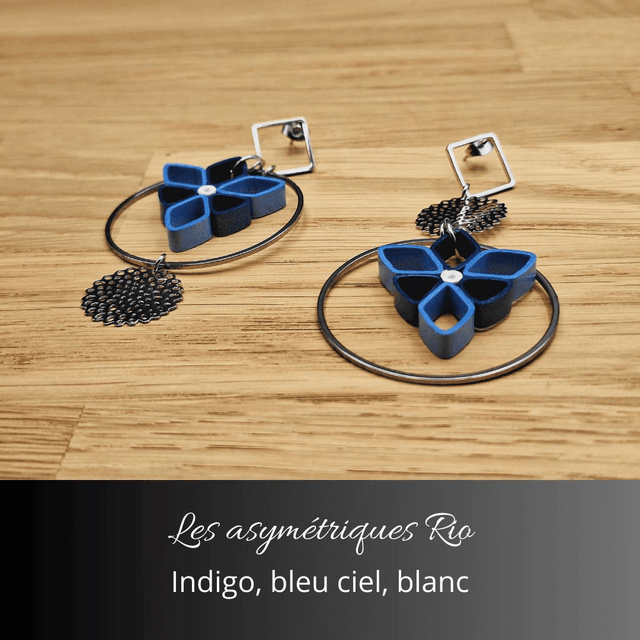 Boucles d'oreilles asymétriques Rio - Indigo bleu ciel et blanc