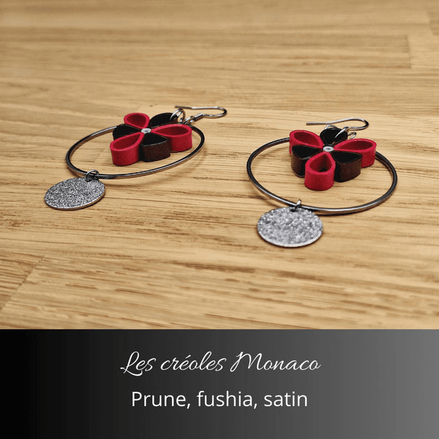 Boucles d'oreilles créoles Monaco - Prune, fushia, satin