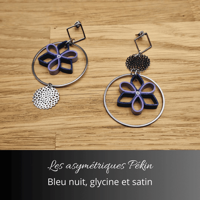 Boucles d'oreilles asymétriques Pékin - Bleu nuit glycine et satin