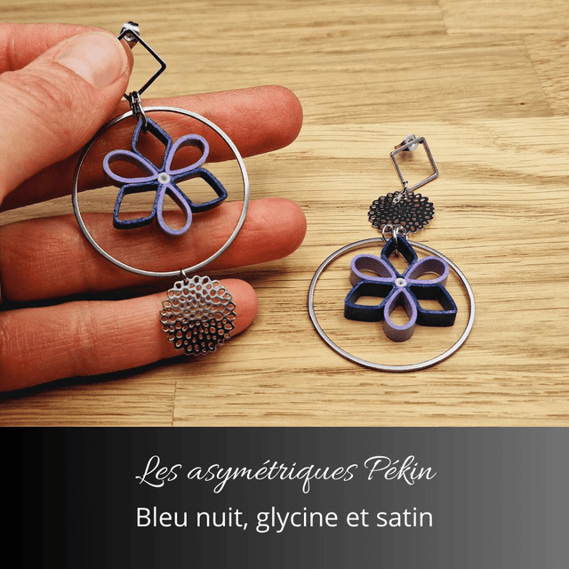 Boucles d'oreilles asymétriques Pékin - Bleu nuit glycine et satin