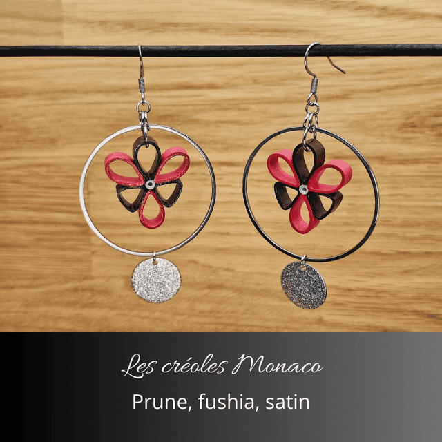 Boucles d'oreilles créoles Monaco - Prune, fushia, satin