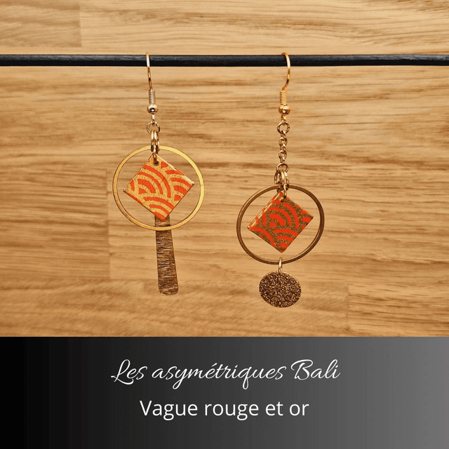 Boucles d'oreilles asymétriques Bali - Rouge, or