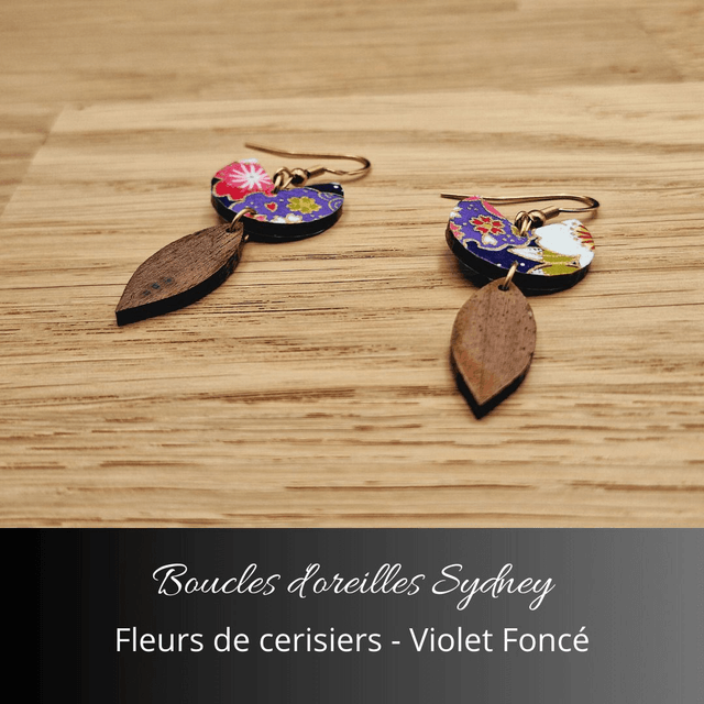 Boucles d'oreilles Sydney - Violet foncé et fleurs de cerisiers