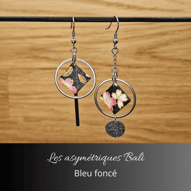 Boucles d'oreilles asymétriques Bali - Bleu foncé,rose