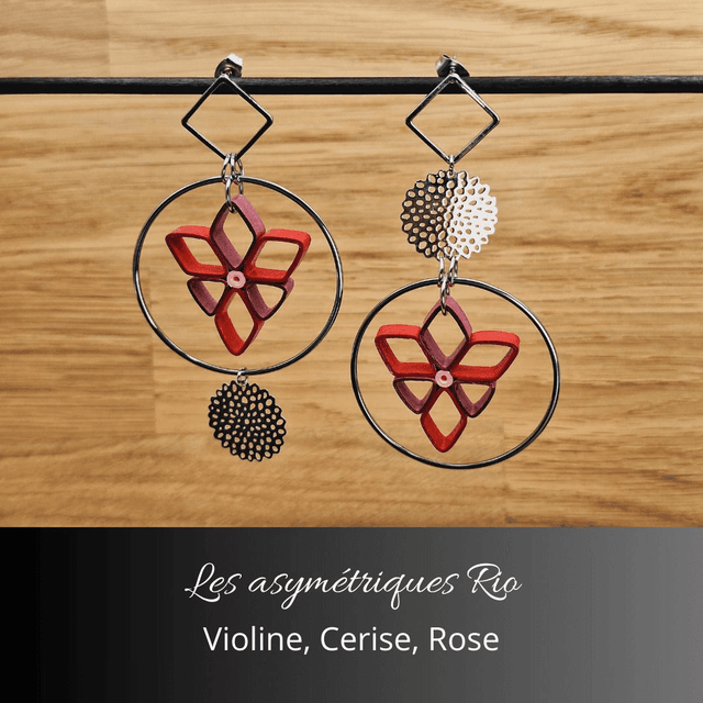 Boucles d'oreilles asymétriques Rio - Violine cerise et rose