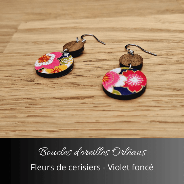Boucles d'oreilles Orléans - Violet foncé et fleurs de cerisiers
