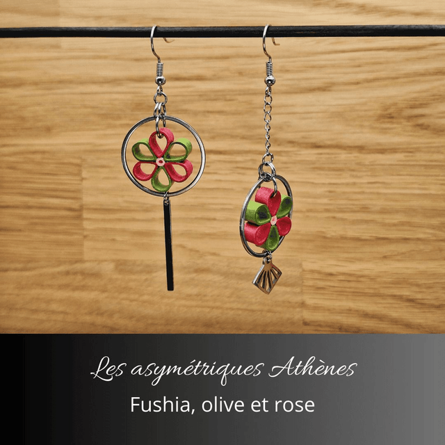 Boucles d'oreilles asymétriques Athènes - Fushia olive et rose