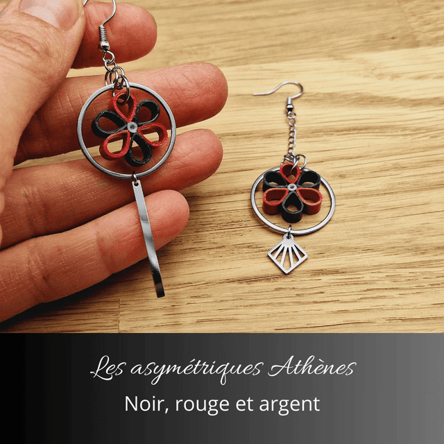 Boucles d'oreilles asymétriques Athènes - Noir rouge et argent
