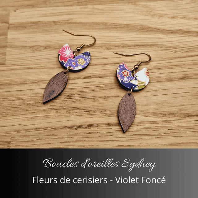 Boucles d'oreilles Sydney - Violet foncé et fleurs de cerisiers