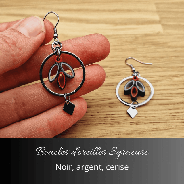 Boucles d'oreilles Syracuse - Noir, argent, cerise