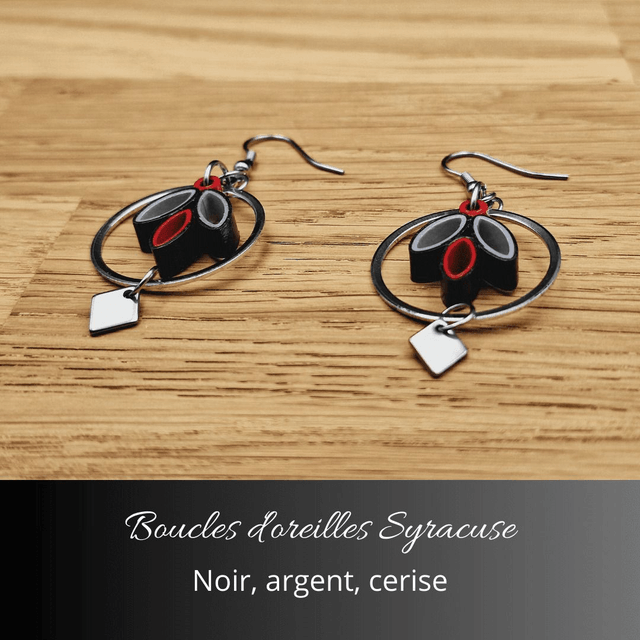 Boucles d'oreilles Syracuse - Noir, argent, cerise
