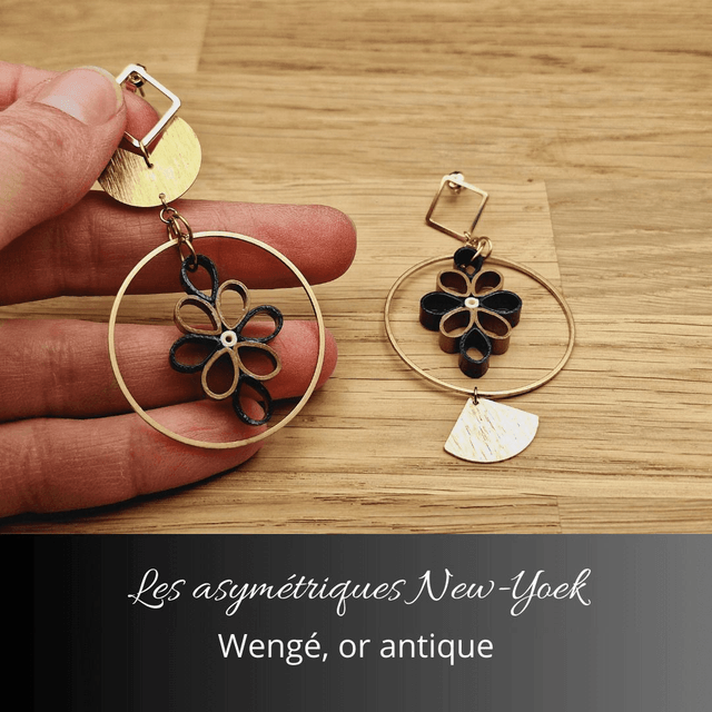 Boucles d'oreilles asymétriques New York - Wengé or antique