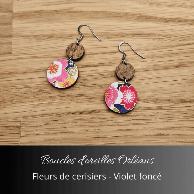 Boucles d'oreilles Orléans - Violet foncé et fleurs de cerisiers