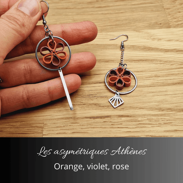 Boucles d'oreilles asymétriques Athènes - Orange violet et rose