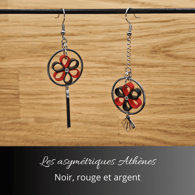 Boucles d'oreilles asymétriques Athènes - Noir rouge et argent