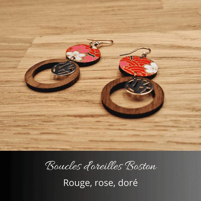Boucles d'oreilles Boston - Rouge rose et or