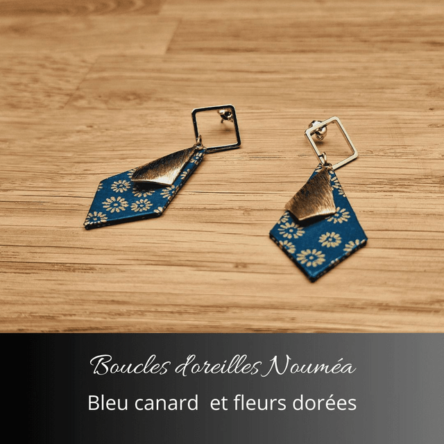 Boucles d'oreilles Nouméa - Bleu canard, fleurs dorées