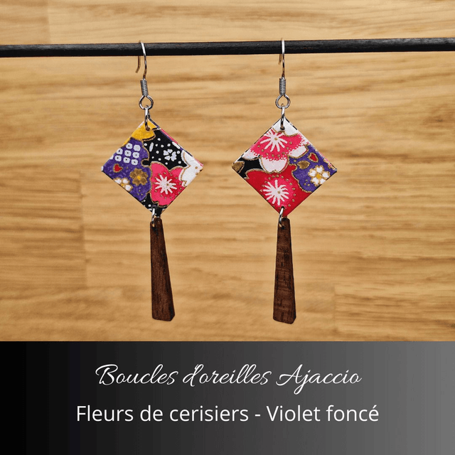 Boucles d'oreilles Ajaccio - Violet foncé et fleurs de cerisiers