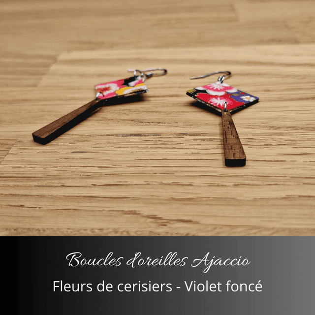 Boucles d'oreilles Ajaccio - Violet foncé et fleurs de cerisiers
