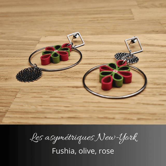 Boucles d'oreilles asymétriques New York - Fushia olive et rose