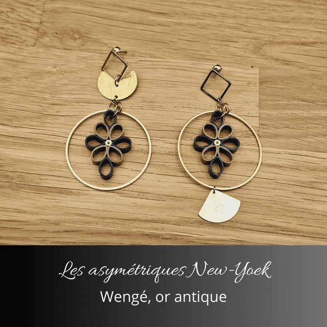 Boucles d'oreilles asymétriques New York - Wengé or antique