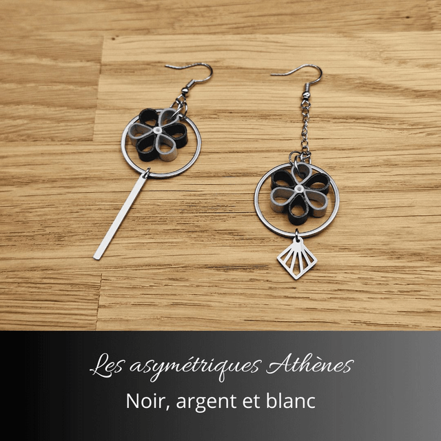 Boucles d'oreilles asymétriques Athènes - Noir argent et blanc
