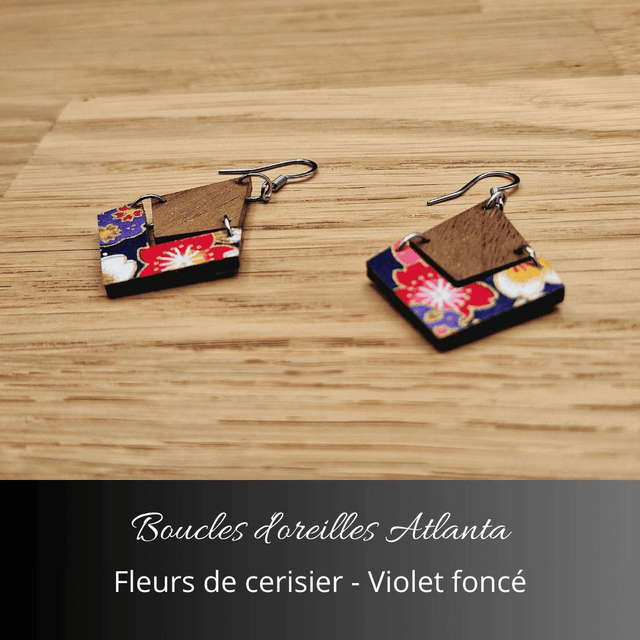 Boucles d'oreilles Atlanta - Violet foncé et fleurs de cerisiers