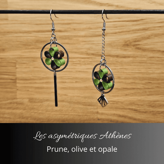 Boucles d'oreilles asymétriques Athènes - Prune olive et opale