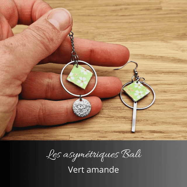 Boucles d'oreilles asymétriques Bali - Vert amande