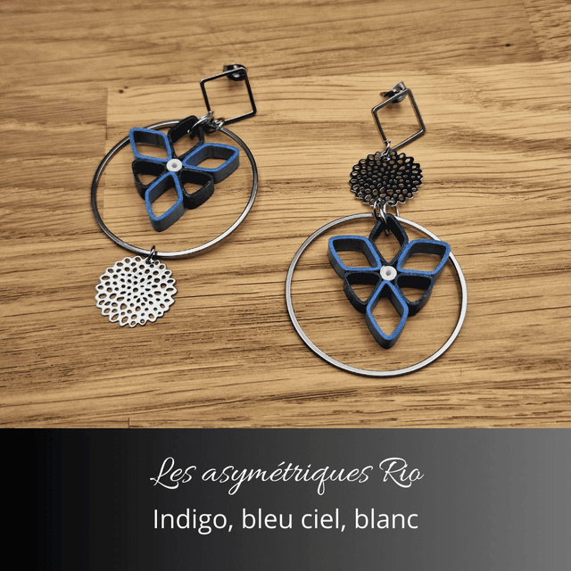 Boucles d'oreilles asymétriques Rio - Indigo bleu ciel et blanc