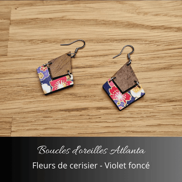 Boucles d'oreilles Atlanta - Violet foncé et fleurs de cerisiers
