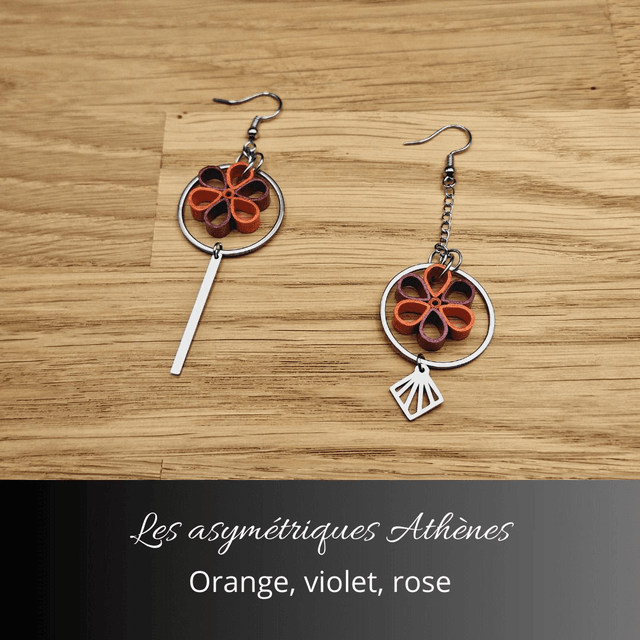 Boucles d'oreilles asymétriques Athènes - Orange violet et rose